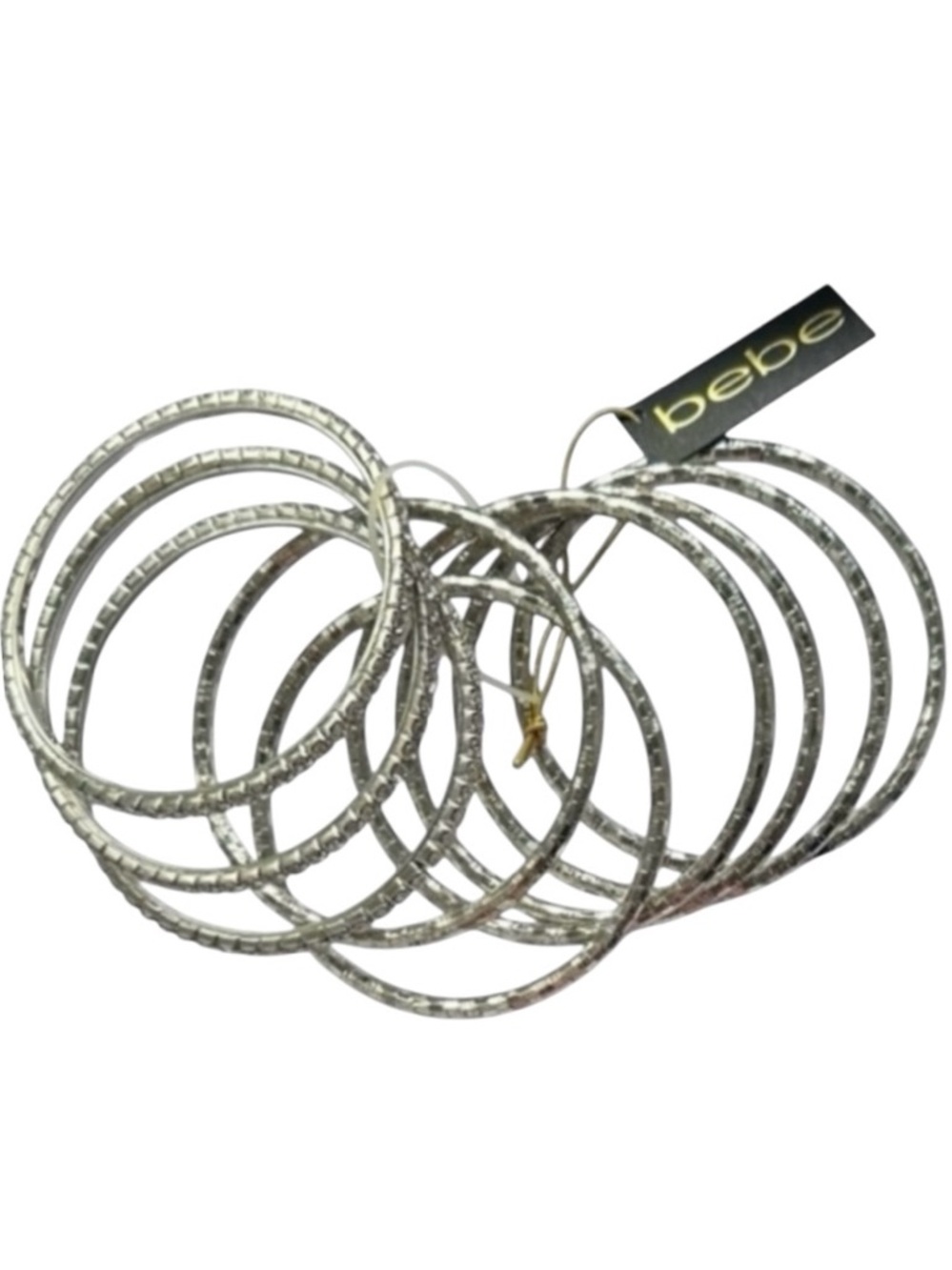 Set of 9 Bebe Silver and Rhinestone Stackable Bangle Bracelets